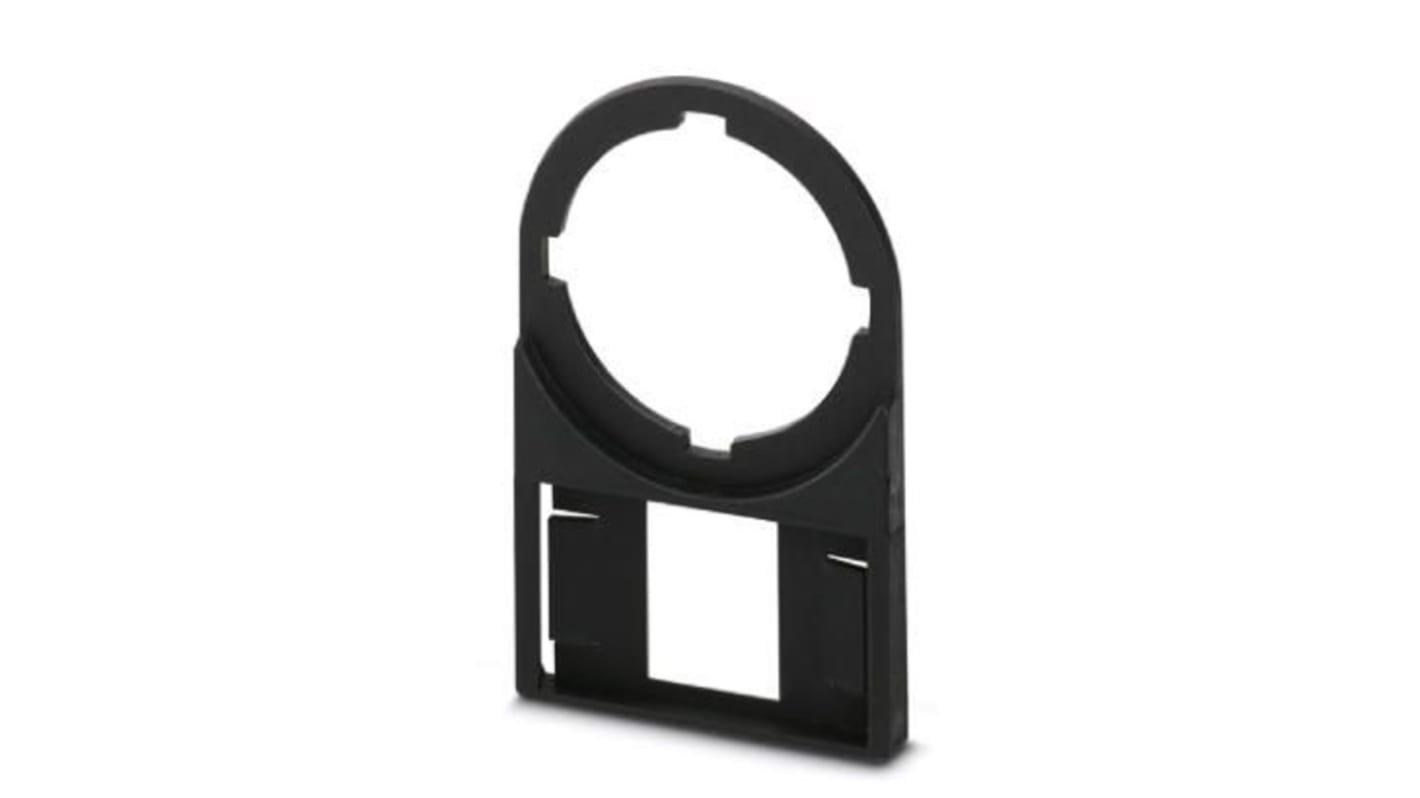 Supporto per marcatori Phoenix Contact 827447 per pulsanti da 22 mm, resistente agli agenti atmosferici, montaggio a vite o a rivetto. Colore nero, senza silicone né alogeni.