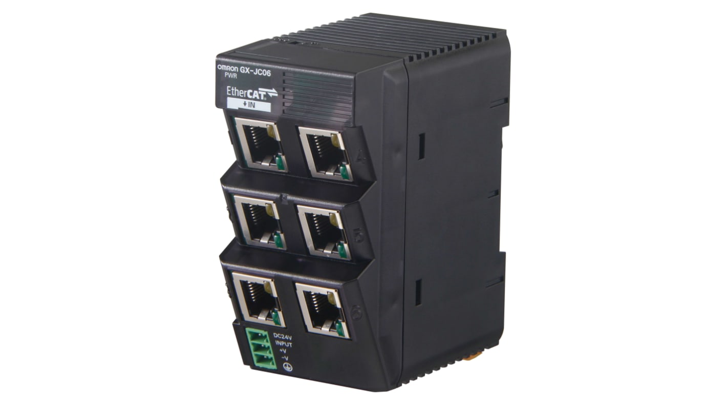Modulo Ethernet Omron GX-JC06 per EtherCAT, unità slave, alimentazione 24 V CC, dimensioni 81,8 x 48 x 90 mm.