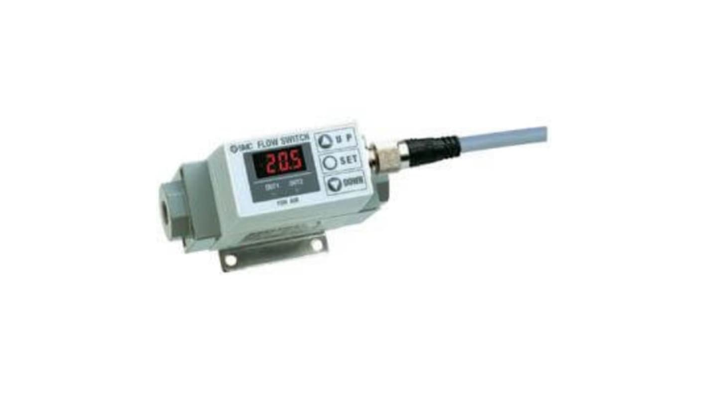 SMC PF2A711-F03-67N, sensore di flusso digitale per aria secca e N2, portata 10-100 l/min, alimentazione 12-24 V c.c., IP65.