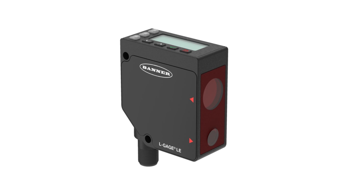 Sensore di distanza rettangolare Banner LE550IQ, rilevamento 100-1000 mm, uscita NPN/PNP, IP67, montaggio piatto.