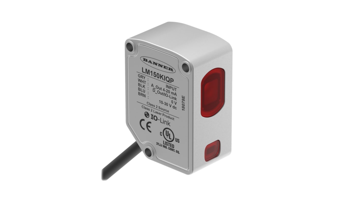 Sensore di distanza rettangolare Banner LM150KIQP, rilevamento 50-150 mm, uscita 4-20 mA, montaggio piatto, grado di protezione IP67.