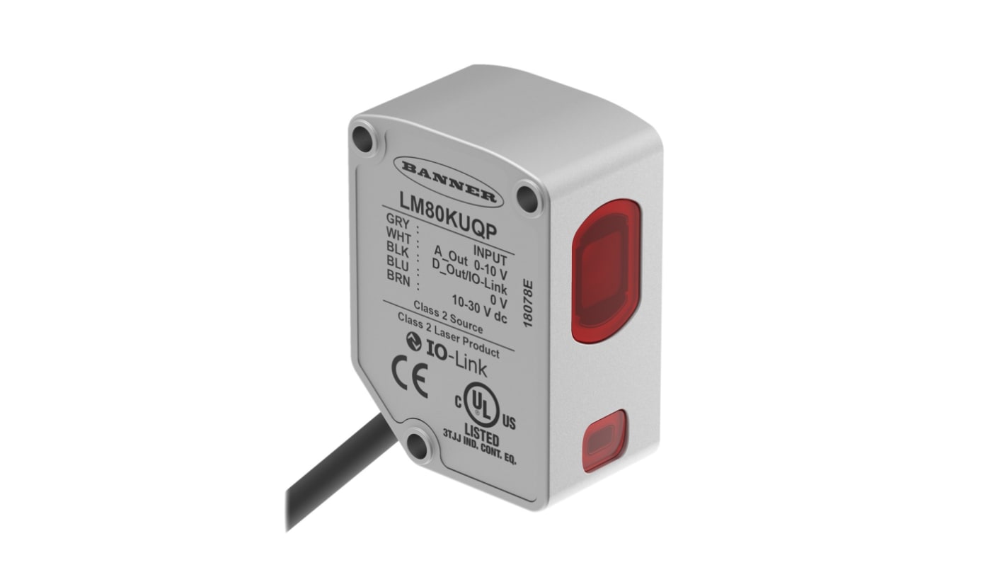 Sensore di distanza rettangolare Banner LM80KUQP, rilevamento 40-80 mm, uscita analogica 0-10 V, IP67, montaggio piatto.