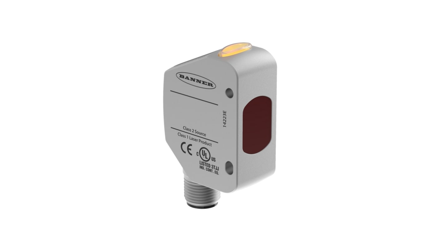 Sensore fotoelettrico rettangolare Banner Q4XFULAF610-Q8, rilevamento 35-610 mm, uscita 0-10 V, IP69K, montaggio piatto, acciaio inox.