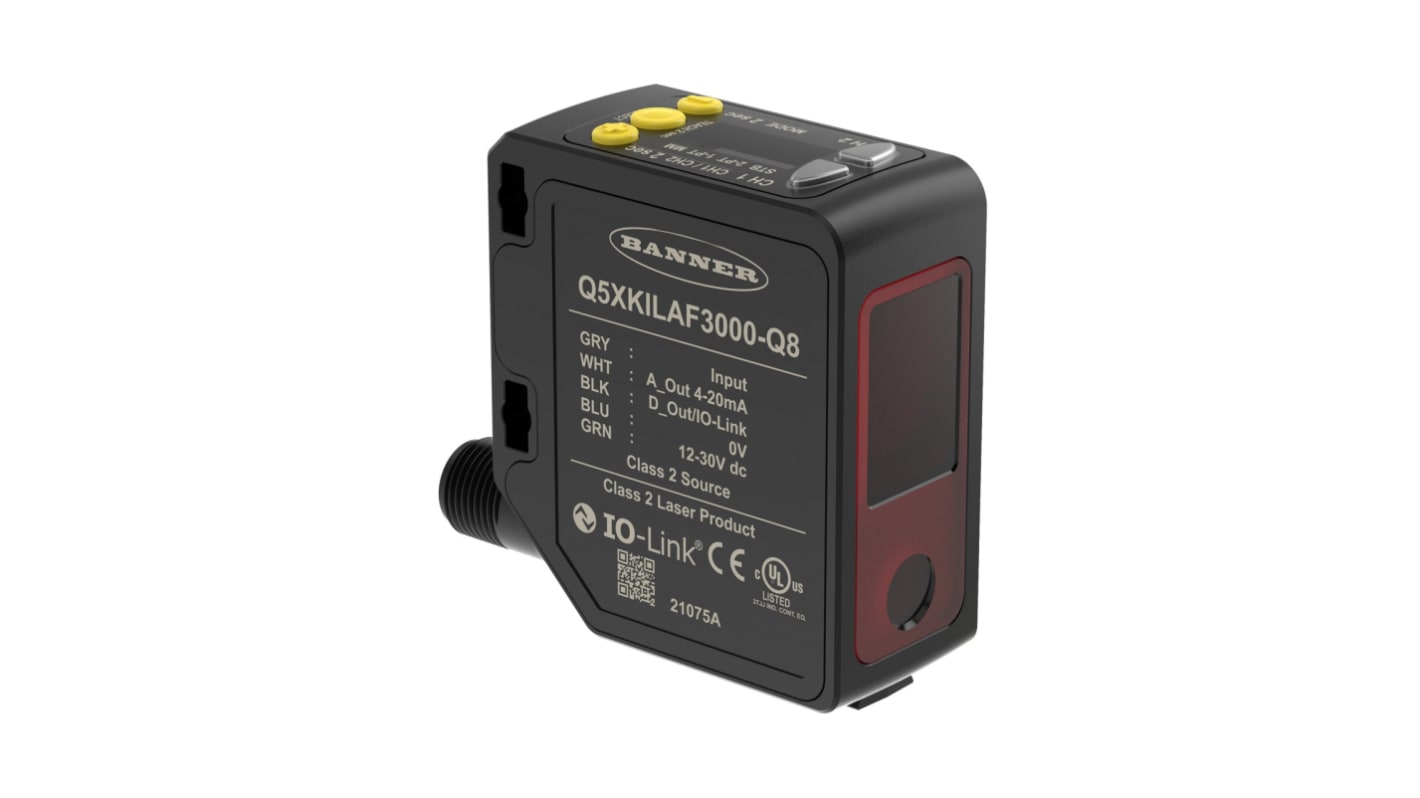 Sensore fotoelettrico rettangolare Banner Q5XKILAF3000-Q8, rilevamento 100-3000 mm, uscita 4-20 mA, IP67, montaggio piatto.