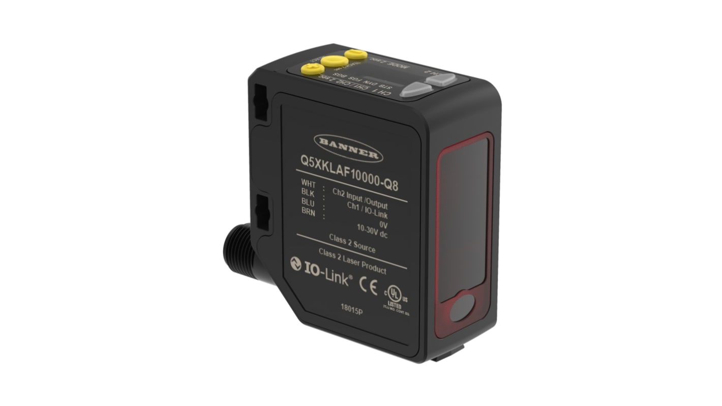 Sensore fotoelettrico rettangolare Banner Q5XKLAF10000-Q8, rilevamento 50-10000 mm, uscita NPN/PNP, IP67, programmabile.