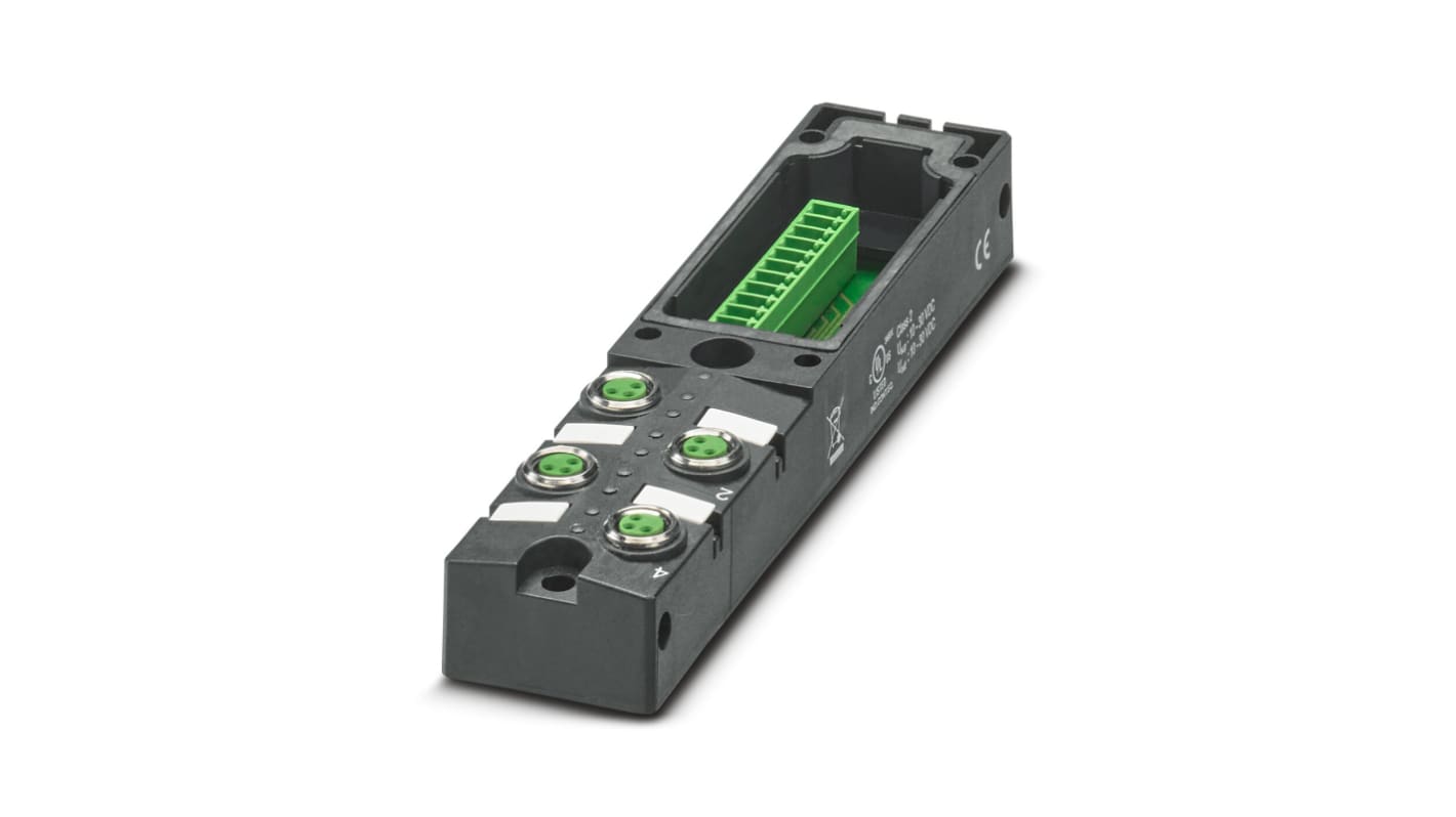 Scatola sensore Phoenix Contact 1197599, 4 porte M8, tensione 30V cc, orientamento diritto, serie SACB.