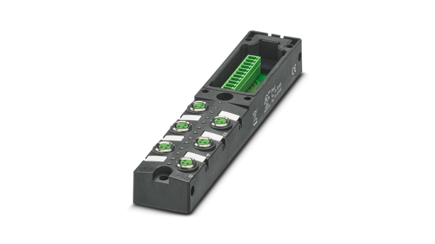 Scatola sensore Phoenix Contact 1197606, 6 porte M8, tensione 30V cc, orientamento diritto, serie SACB.