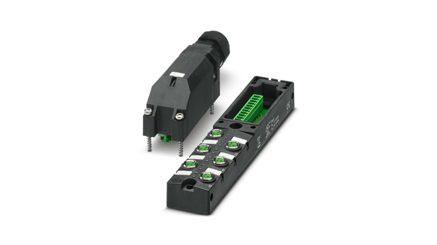 Scatola sensore Phoenix Contact 1197608, 6 porte M8, tensione 30V cc, orientamento diritto, serie SACB.