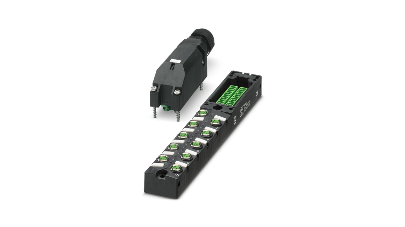 Scatola sensore Phoenix Contact 1197621, 10 porte M8, tensione 30V cc, orientamento diritto, serie SACB.