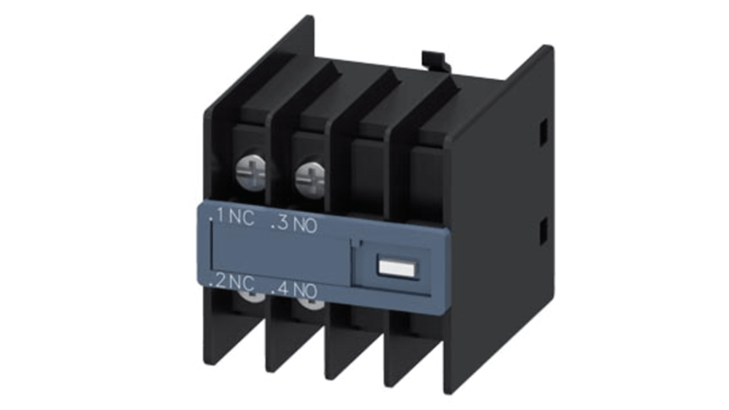 Blocco interruttore ausiliario Siemens 3RH29114HA11, 2 contatti (1 NA + 1 NC), montaggio a innesto, compatibile con relè e contattori.