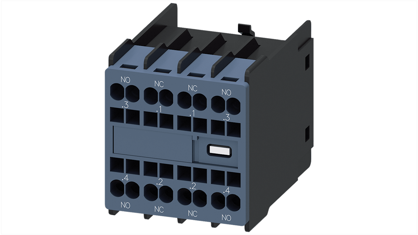 Blocco interruttore ausiliario Siemens 3RH29162FA22, 4 contatti (2 NA + 2 NC), montaggio a innesto, classe di protezione IP20.