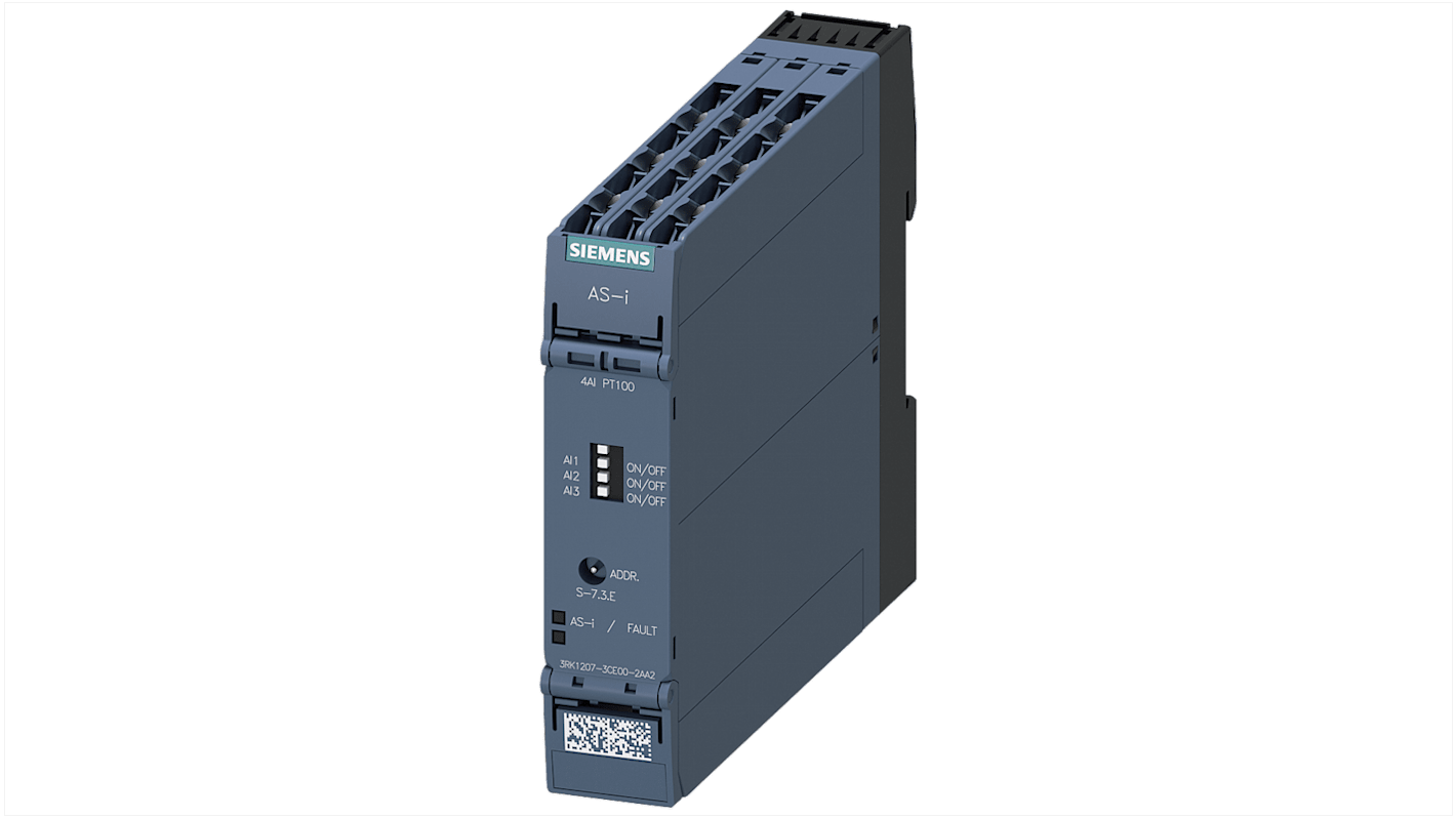 Modulo I/O analogico Siemens 3RK12073CE002AA2, design SlimLine, IP20, 100 x 22,5 x 120 mm, per collegamento sensori e attuatori.