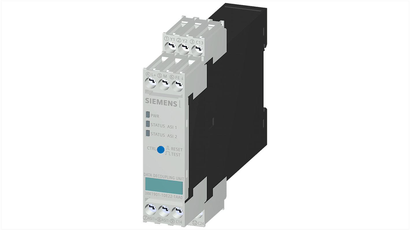 Modulo di sicurezza Siemens 3RK19011DE221AA0, serie 3RK1901, per armadietto di controllo, IP20, dimensioni 101,3 x 22,5 x 121,2 mm.
