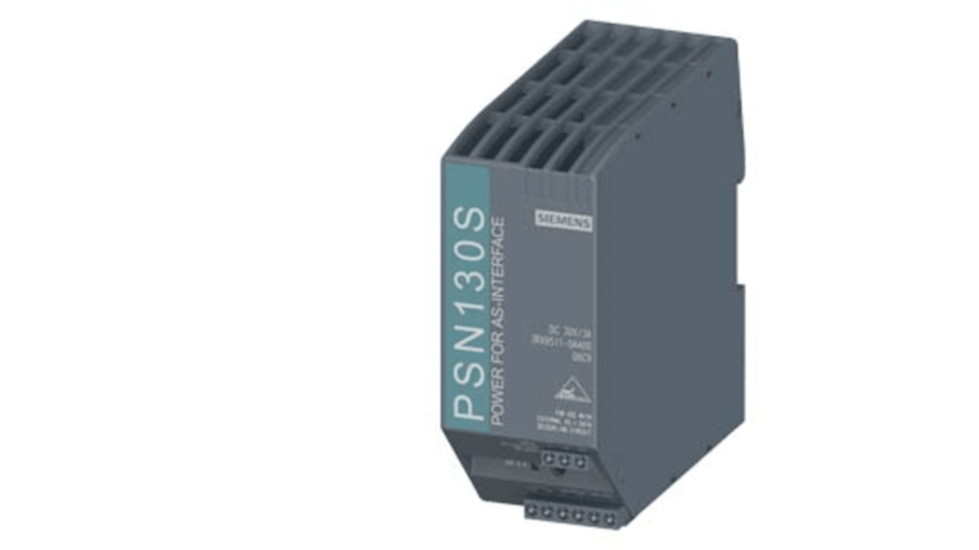 Alimentatore Siemens 3RX95110AA00 per Interfaccia AS, con rilevamento sovraccarico, dimensioni 125 x 50 x 125 mm, classe di protezione IP20.