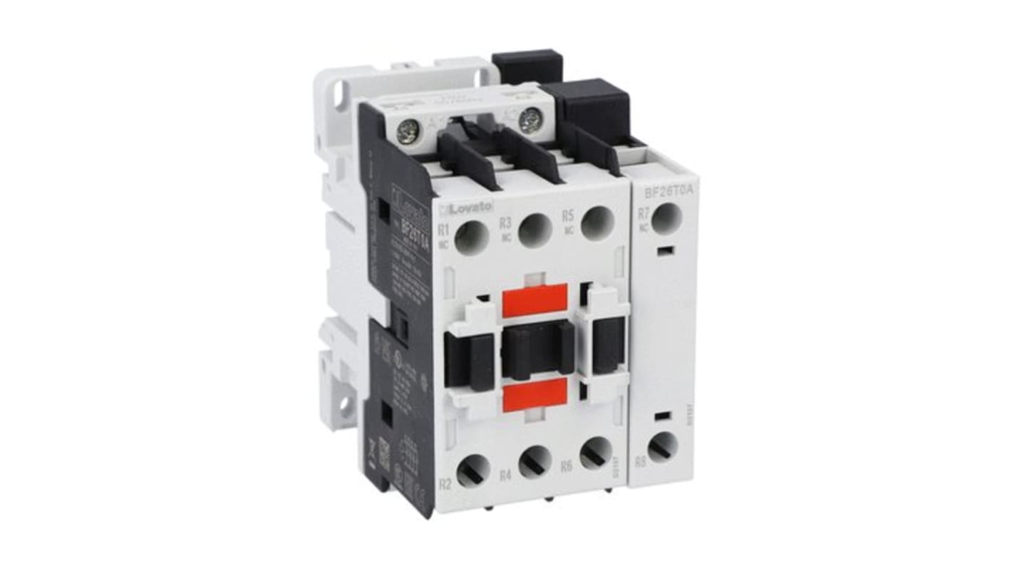 Contattore Lovato BF26T0A024 a 4 poli, 45 A, 24 V c.a., montaggio su guida DIN, protezione IP20.