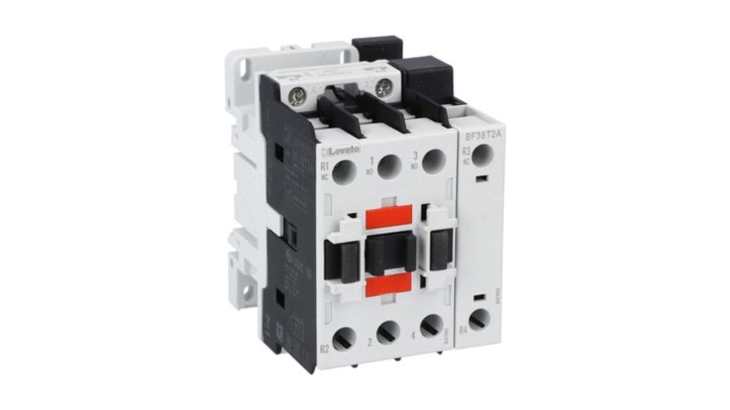 Contattore Lovato BF38T2A024, 4 poli, 56 A, 24 V c.a., montaggio su guida DIN, protezione IP20.