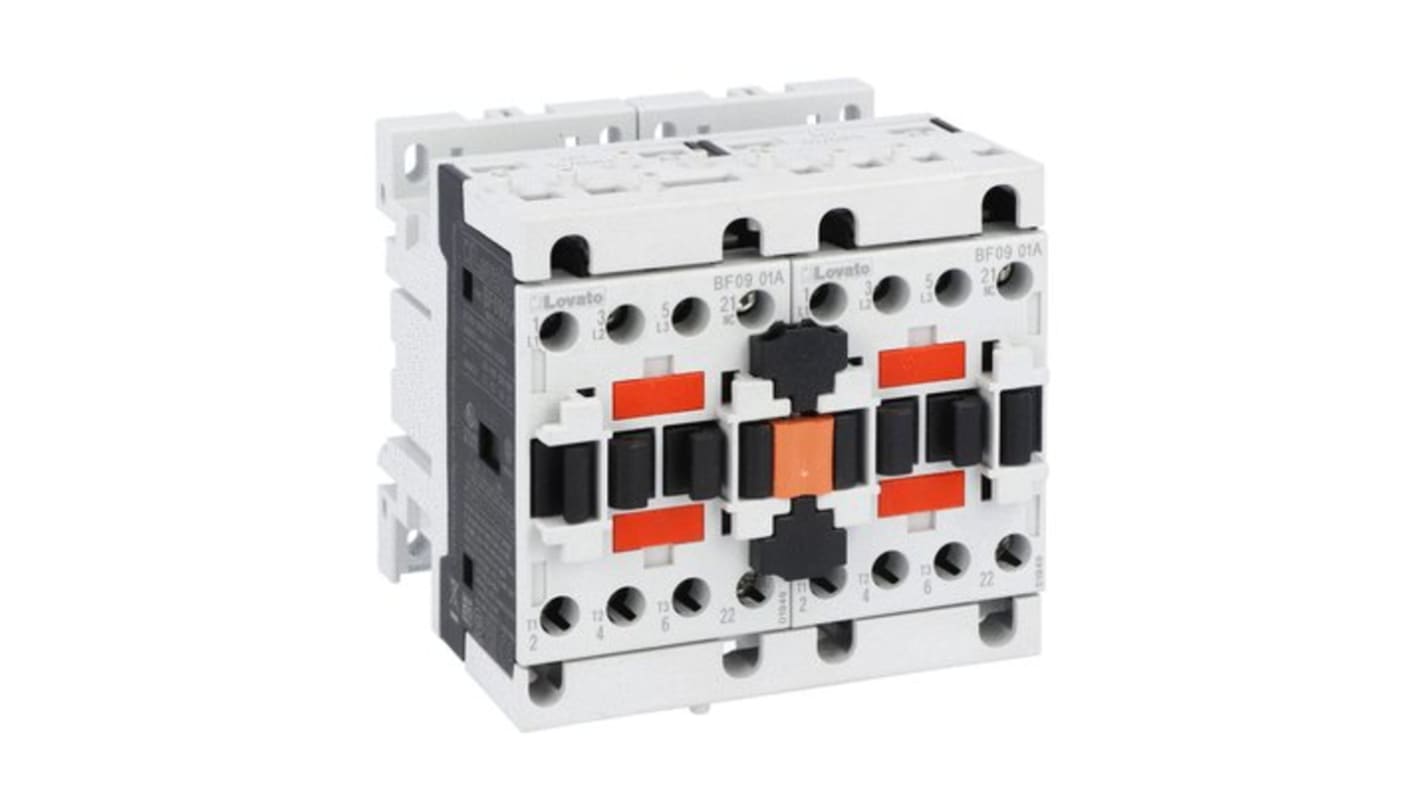 Contattore reversibile Lovato BFA00942024, 9 A, 24 V c.a., 440 V contatto, 4,2 kW, 1NC, interblocco esterno, peso 760 g.