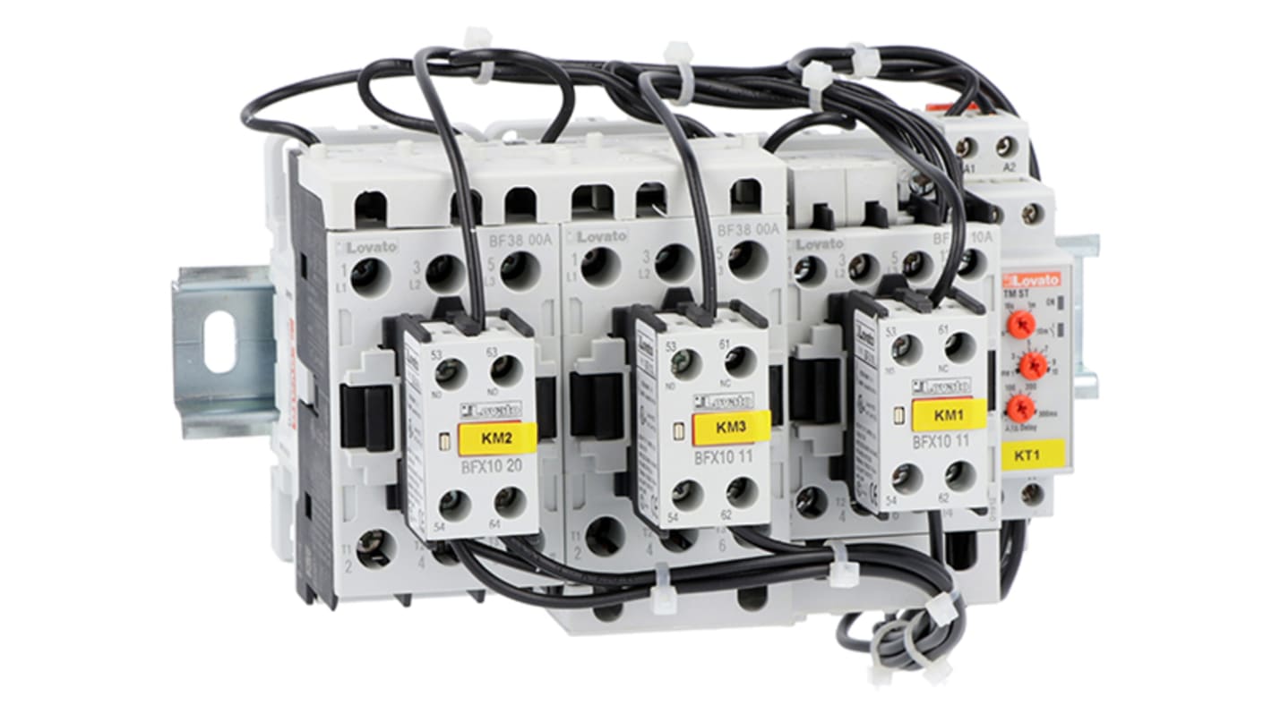 Avviatore stella-triangolo Lovato BFA03870230, 3 fasi, 30 kW, 440 V, corrente max 60 A, con contatti ausiliari BFX1020 e BFX1011.