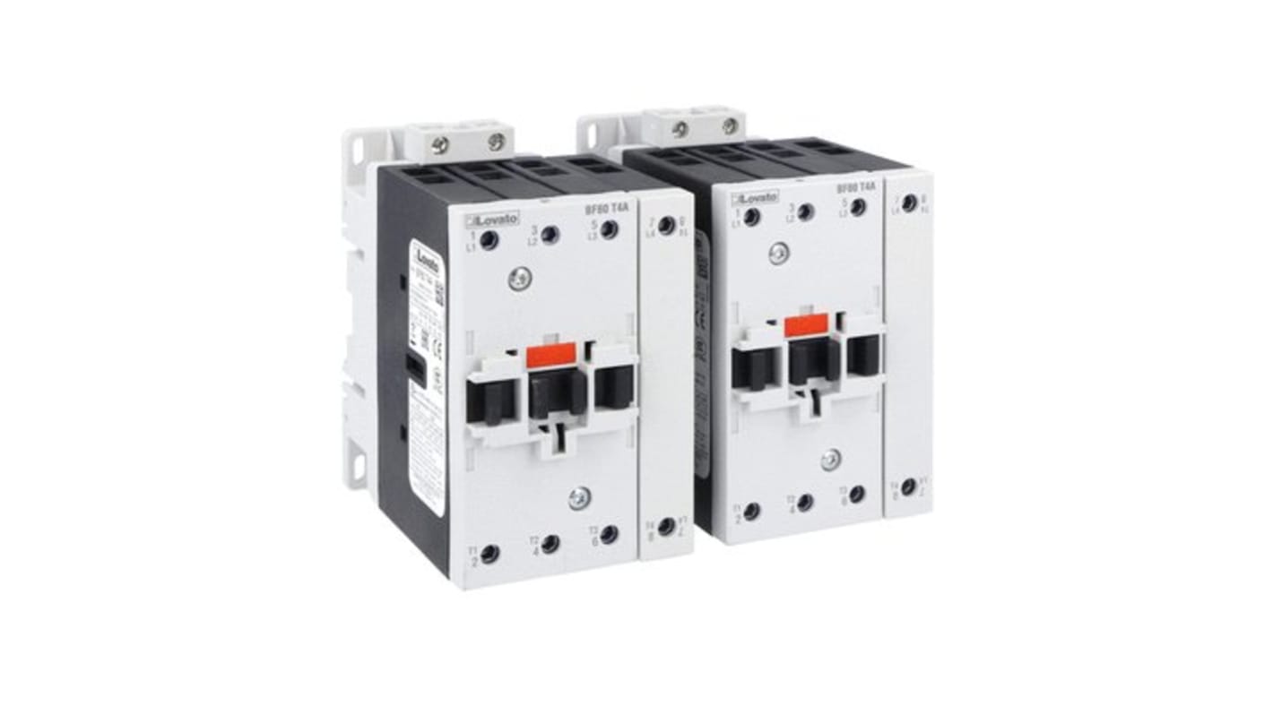 Contattore Lovato BFC80T4A230, 2NC, 56 A, 115 V CA, interblocco integrato, montaggio laterale, peso 2532 g.