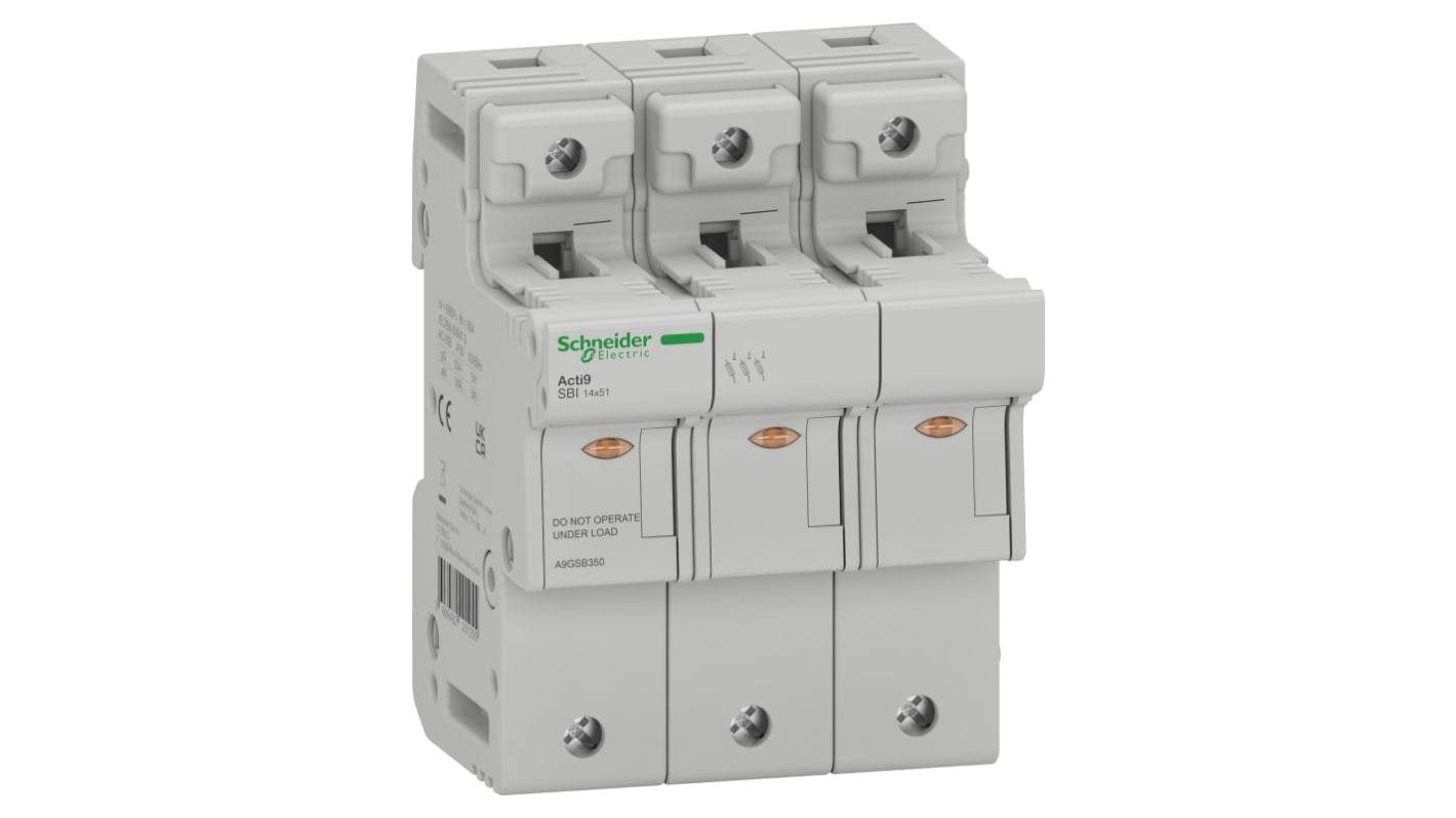 Sezionatore portafusibili Schneider Electric A9GSB350, 3 poli, 50A, montaggio su guida DIN, fusibile integrato 14 x 51mm.