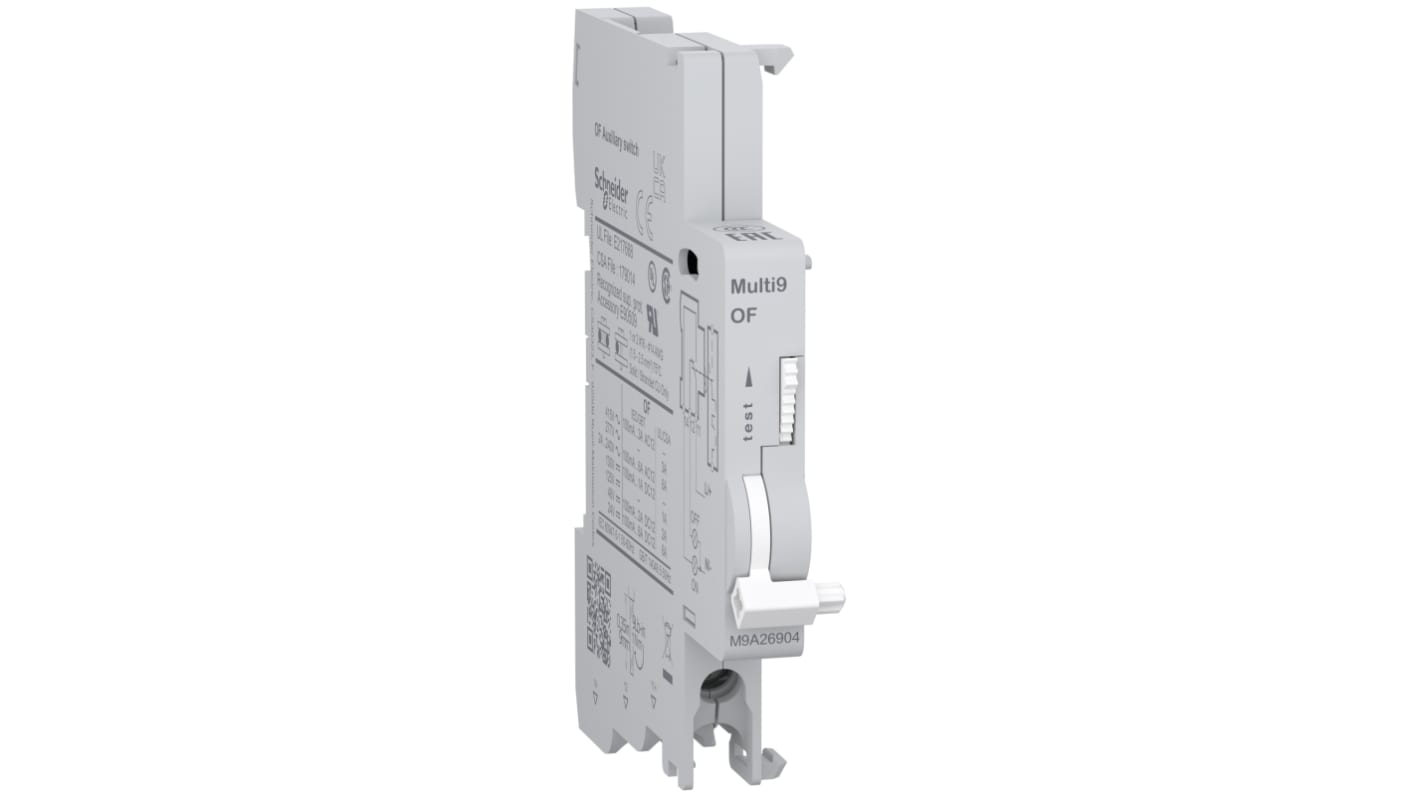 Contatto ausiliario 1 C/O Schneider Electric M9A26904, montaggio a clip su guida DIN, corrente 6 A, tensione 250 V, grado di protezione IP20.