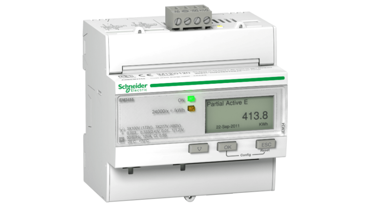Contatore di energia trifase Schneider Electric A9MEM3555, montaggio su guida DIN, intervallo 50-5000A, comunicazione Modbus.