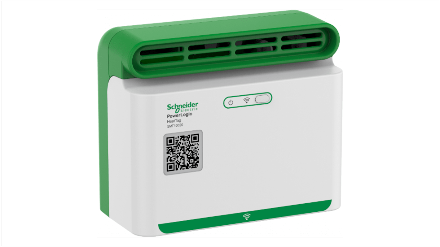 Sensore wireless Schneider Electric SMT10020 per rilevamento surriscaldamento cavo, montaggio su guida DIN, dimensioni 107x108x108mm.