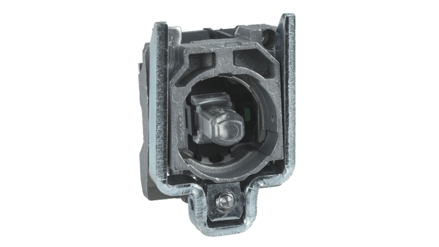 Blocco contatti Schneider Electric ZB4BW0B12, 1 NC, LED bianco, montaggio a clip, robusto per ambienti difficili.