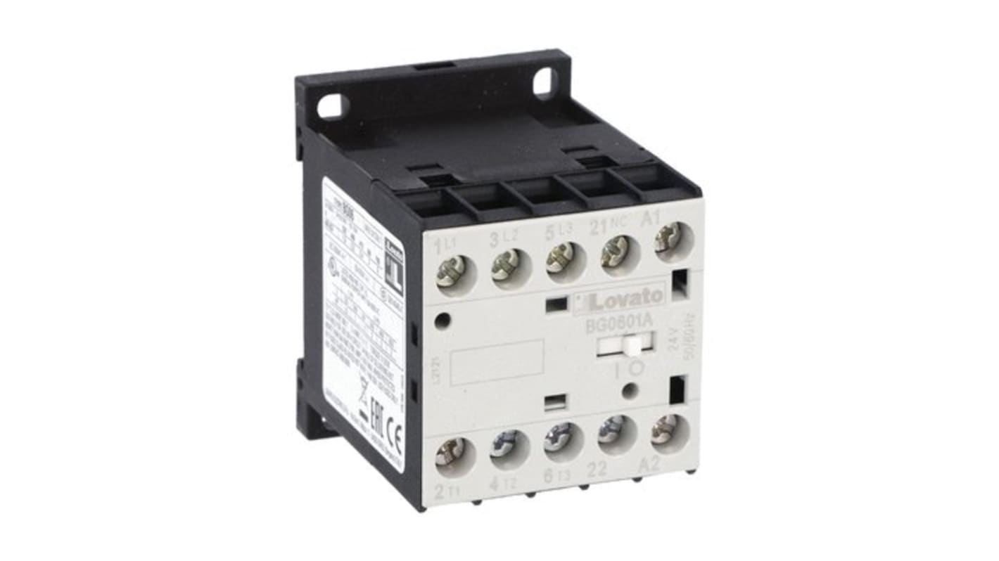 Contattore tripolare Lovato 11BG0601A22060, 3 poli, 6 A, bobina 220 V, tensione contatto 690 V, indicazione stato contatti.