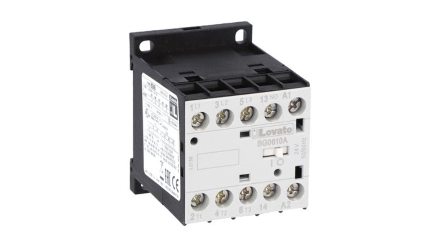 Contattore tripolare Lovato 11BG0610A23060, 3 poli, 6 A, 230 V, 1 contatto normalmente aperto, compatibile EMC.