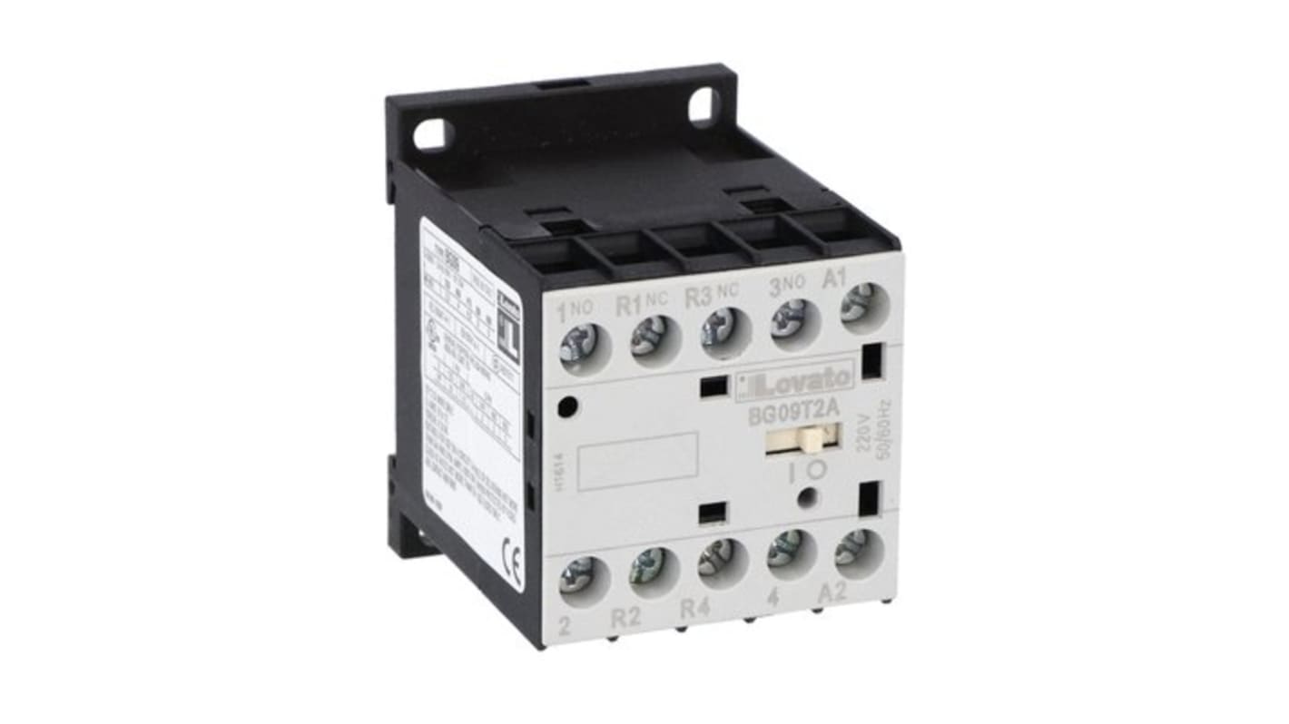 Contattore Lovato 11BG09T2A57560, 4 poli, 2NC, 2NO, 9 A, 22 kW, bobina 575 V, tensione contatto 690 V.