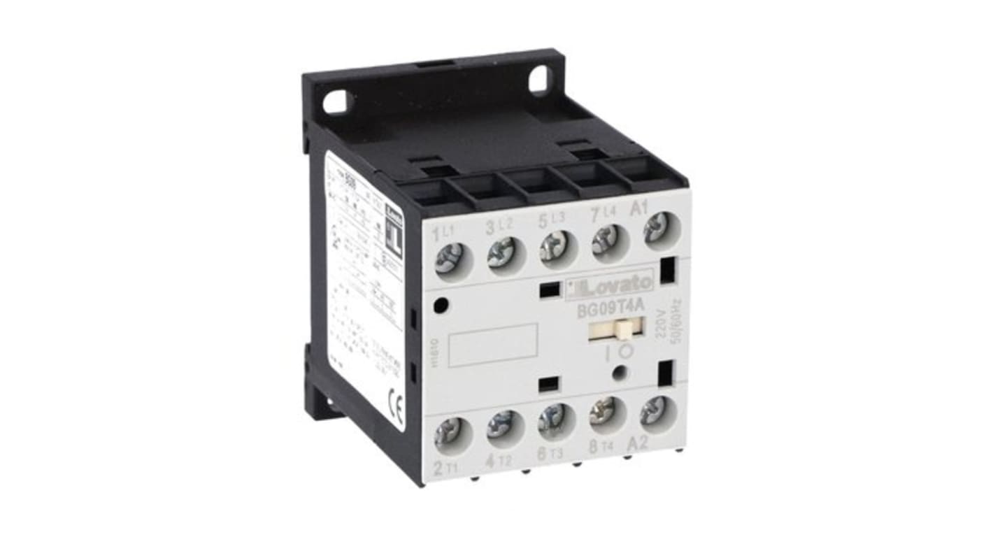 Contattore Lovato 11BG09T4A12060, 4 poli, 4 A, 22 kW, bobina 120 V c.a., tensione contatto 690 V, con contatto ausiliario.