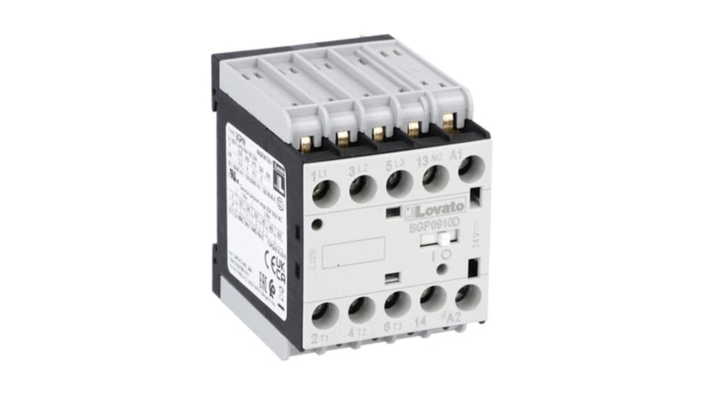 Contattore tripolare Lovato 11BGP0910D220, 9 A, 22 kW, bobina 220 V c.c., contatti 690 V, montaggio su PCB.