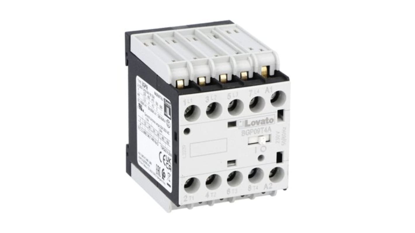 Contattore Lovato 11BGP09T4A400, 4 poli, 20 A, 22 kW, bobina 400 V c.a., con contatto ausiliario e pin di saldatura.