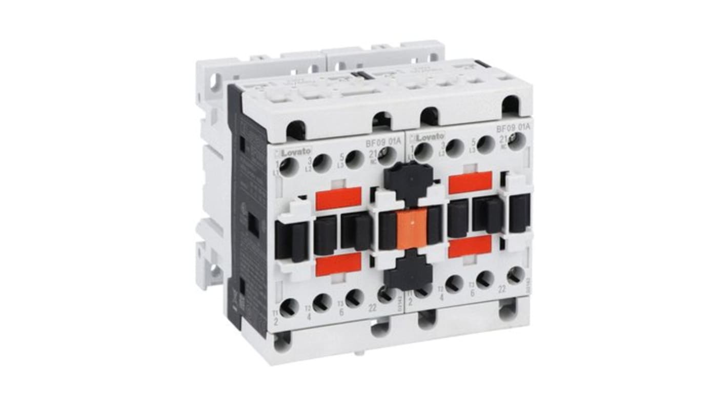 Contattore Lovato BFA00942110, 3 poli, bobina 110 V c.a., corrente 9 A, potenza 7,2 kW, interblocco esterno.