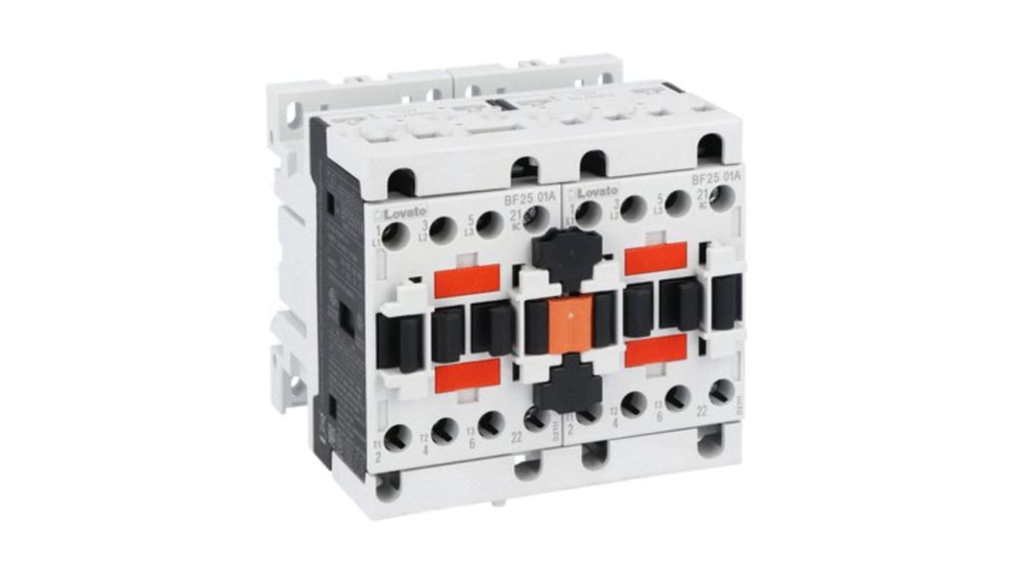 Teleinvertore Lovato BFA02542400, 3 poli, 25 A, 11 kW, bobina 400 V c.a., contatto ausiliario NC, certificato cULus.