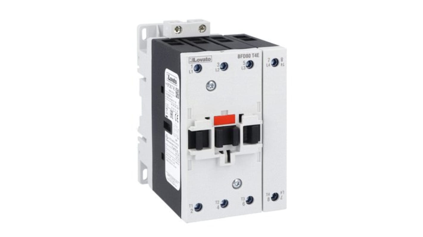 Contattore Lovato BFD80T4E230, 4 poli, 80 A, 250 V ac/dc, per carichi non induttivi, compatibile EMC.