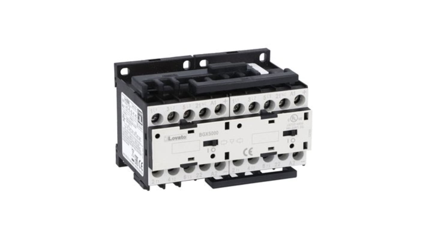 Contattore Lovato 11BGR0901D125, serie BGR09, 9 A, 5 kW, bobina 125 V, contatto nominale 690 V, interblocco esterno.
