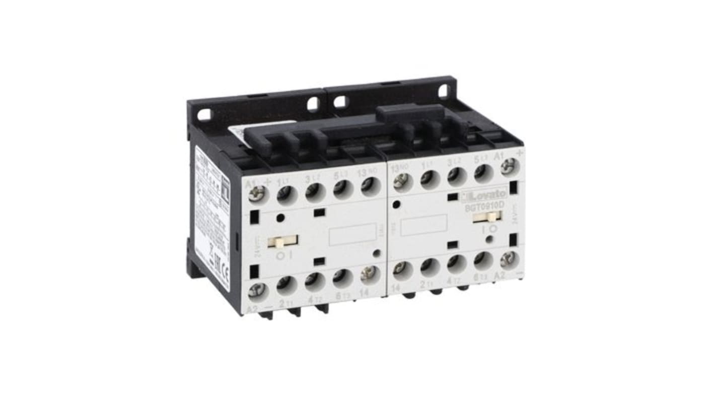 Teleinvertore Lovato 11BGT0910D125, 3 poli, 9 A, 4 kW, 125 V CC, con contatto ausiliario e interblocco incorporato.