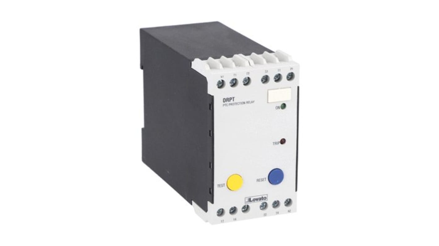 Unità di protezione termistore Lovato 31DRPT110, relè con reset manuale/automatico, tensione 110 V, terminali a vite.