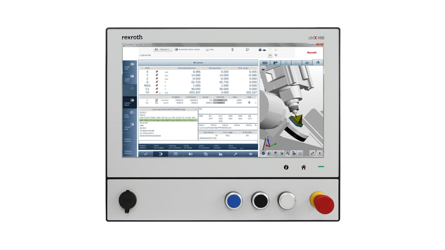 Display Bosch Rexroth R911404266, 15,6" multi-touch, risoluzione 1366x768, montaggio VESA, grado di protezione IP65.