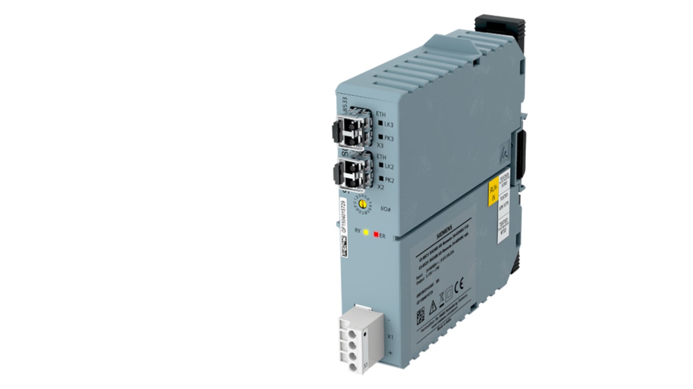 Modulo Ethernet Siemens 6MF2853-3AA00 per A8000, con due interfacce in fibra ottica e alimentatore integrato. Montaggio su guida standard, classe di protezione IP40.