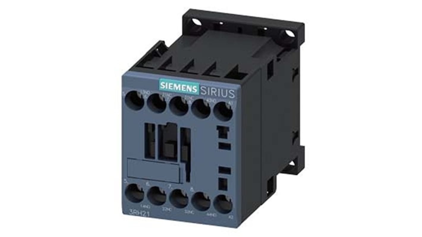 Relè contattore Siemens 3RH2122-1AQ00, 4 poli, 10 A, montaggio su guida DIN, protezione IP20, durata meccanica 30 milioni di cicli.