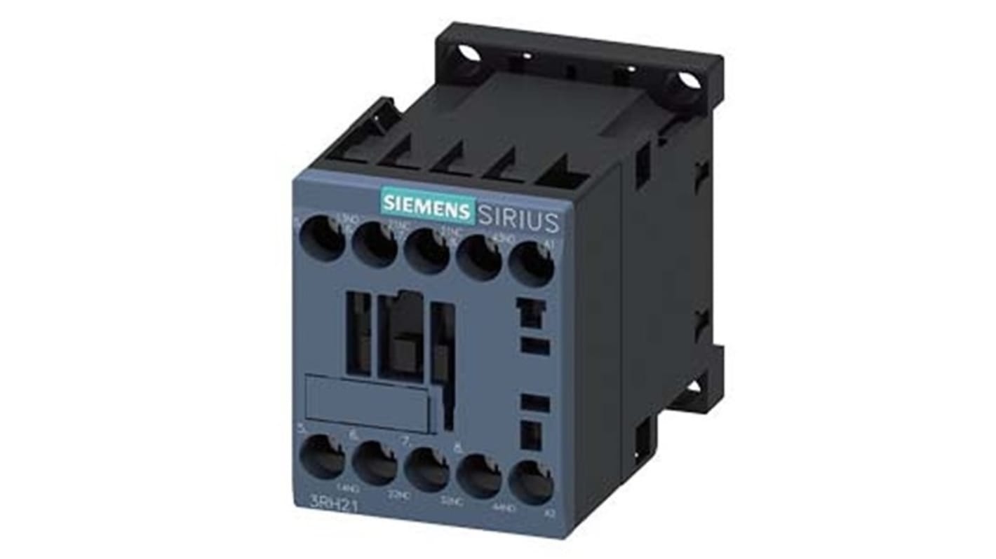 Relè contattore Siemens 3RH2122-1AR60, 4 poli, 10 A, bobina 277 V c.a., montaggio su guida DIN, protezione IP20.