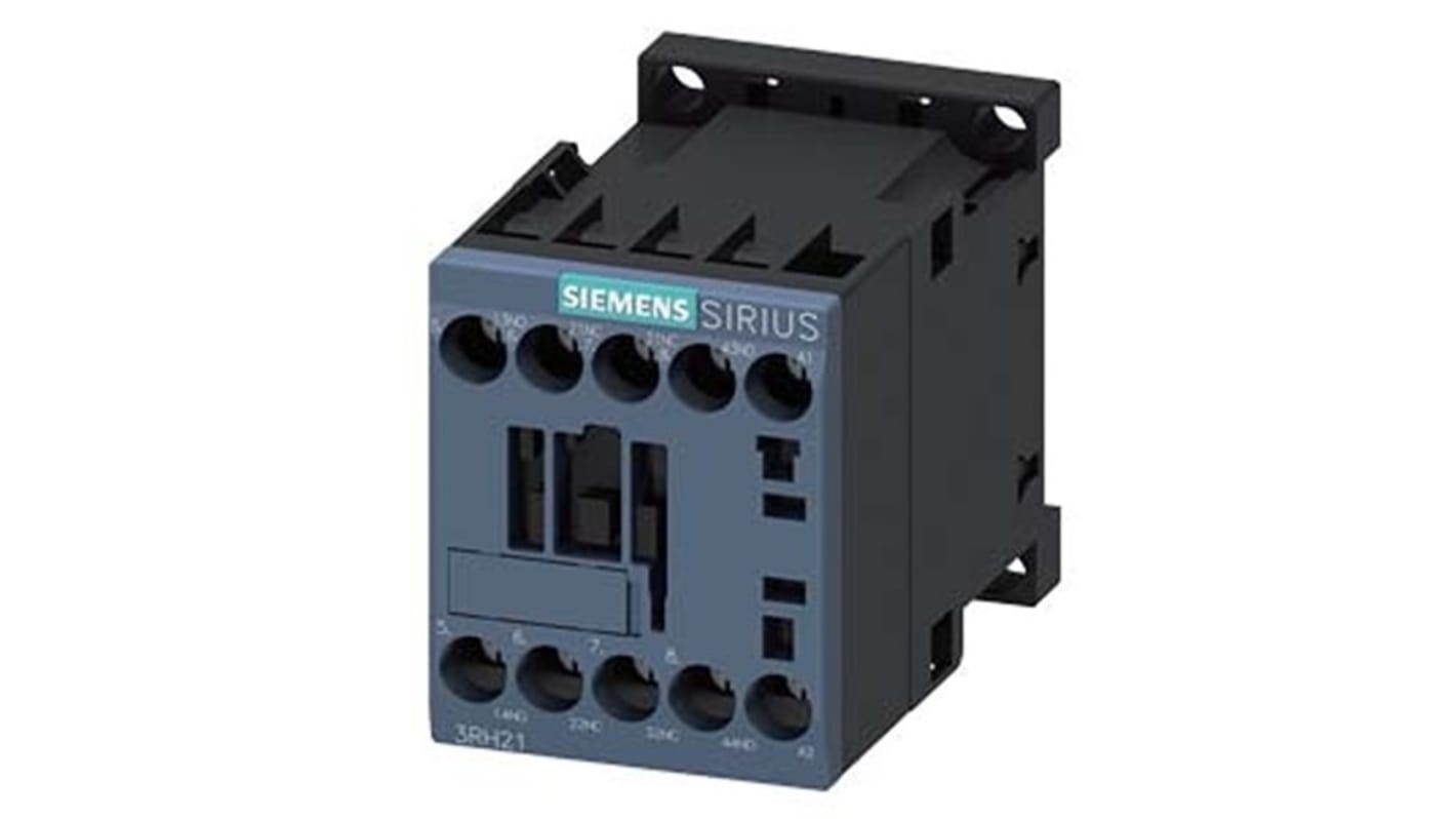 Relè contattore Siemens 3RH2122-1AU60, 4 poli, 2 NO + 2NC, 10 A, montaggio su guida DIN, protezione IP20.