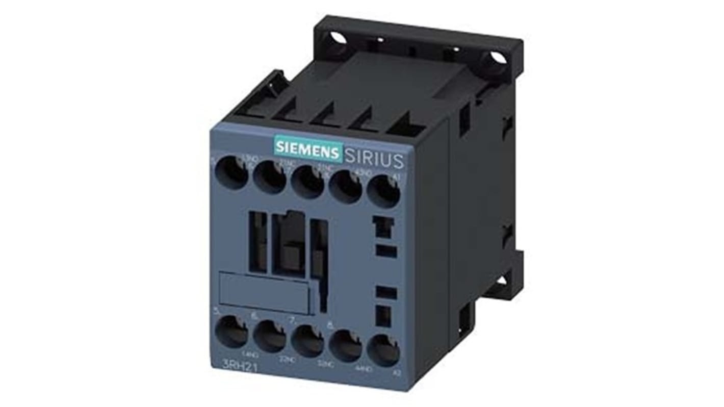 Relè contattore Siemens 3RH2122-1AV60, 4 poli, 10 A, bobina 480 V CA, montaggio su guida DIN, protezione IP20.