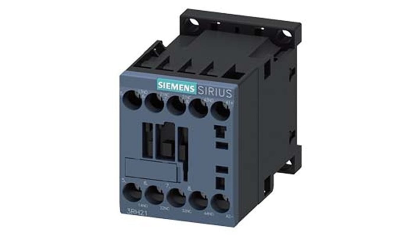 Relè contattore Siemens 3RH2122-1BB40-1AA0, 4 poli, 10 A, bobina 24 V c.c., montaggio su guida DIN, protezione IP20.
