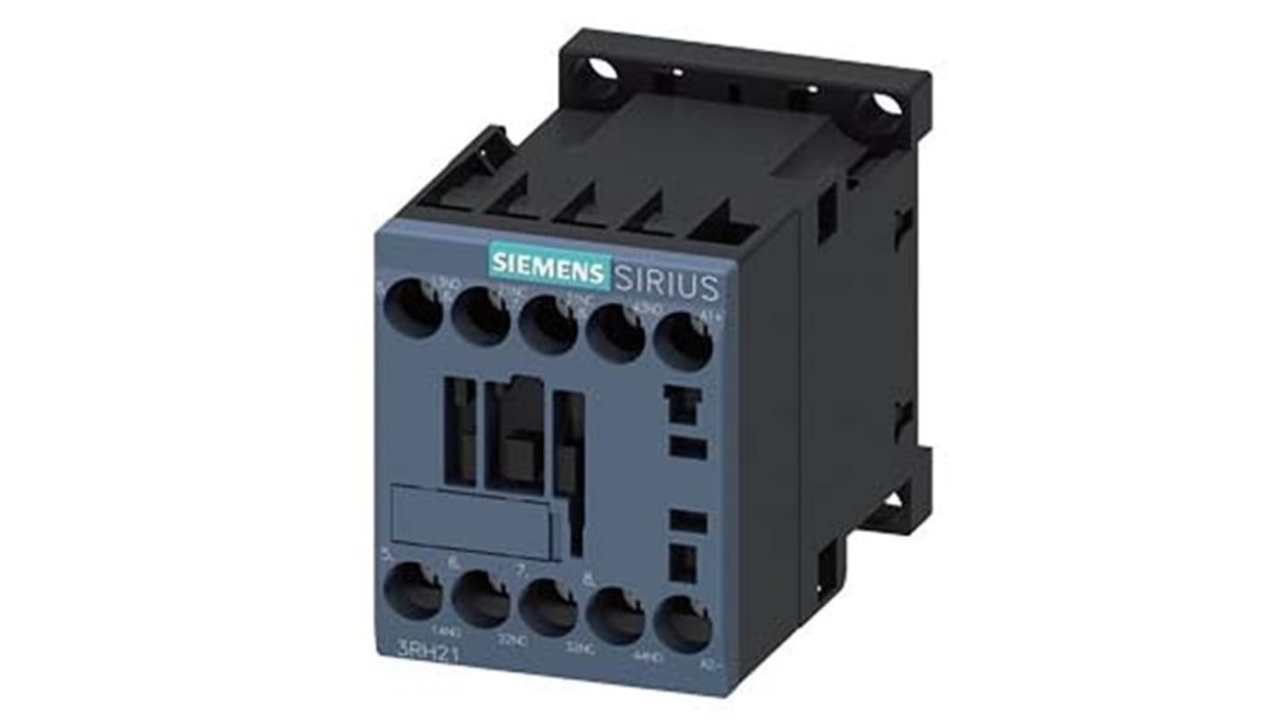 Siemens 3RH2122-1BE80, relè contattore 4 poli, 2 NO + 2 NC, tensione bobina 80 V CC, montaggio su guida DIN.