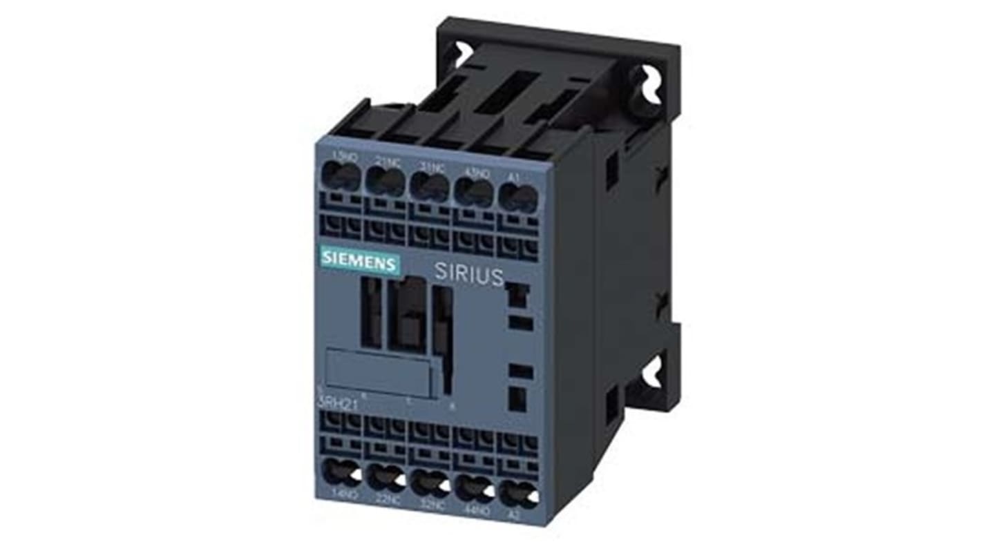 Relè contattore Siemens 3RH2122-2AP00-1AA0, 4 poli, 2 NO + 2NC, tensione bobina 230 V c.a., montaggio su guida DIN.