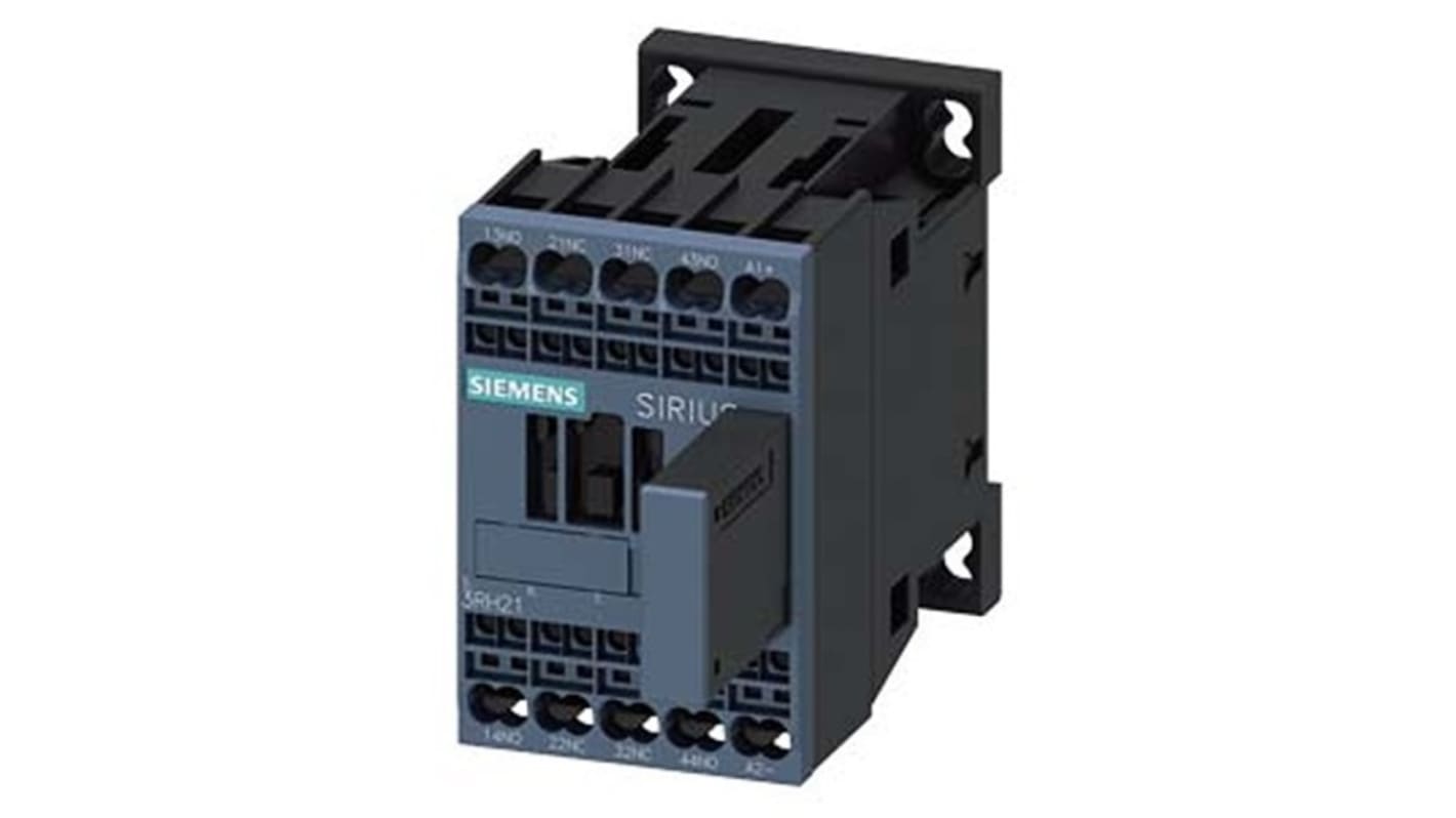 Relè contattore Siemens 3RH2122-2QB40, 4 poli, 2 NO + 2NC, bobina 24 V c.c., montaggio su guida DIN, protezione IP20.